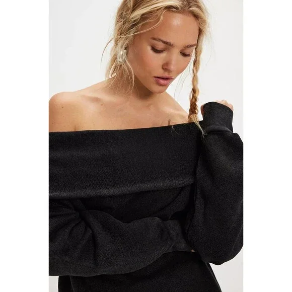 Free People Off Chill Sweatshirt Tunic Top Off Shoulder Longline Fit L 284539